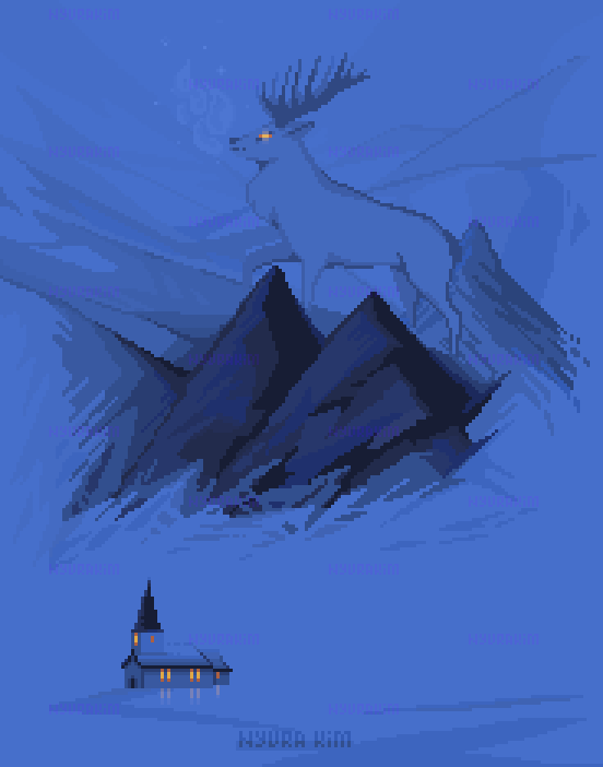 pixel art illustration of fantasy winter landscape: everything placed on the same valued blue color - sky and snow. in the middle there's formation of grey and heavy looking mountains, becoming more and more transparent further in the distance. on those grey mountains travels a huge stag in the same blue-ish coloration: his eyes are bright yellow, almost shining from the inside, he is breathing a cold air in front of him. in the bottom left corner there's a simple church-like looking building: windows are glowing with bright warm yellow from the inside; this warms reflects on the snow outside the building.