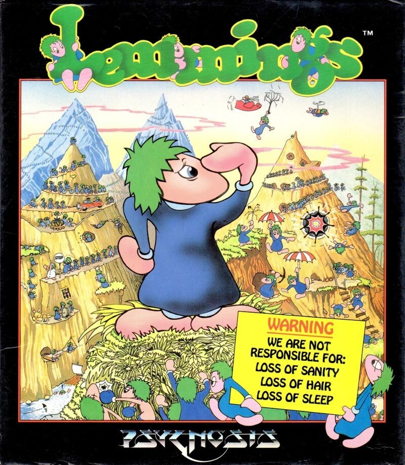 Lemmings box cover, with a cartoon Lemming staring off into the distance as many other Lemmings walk around the hills in the background.