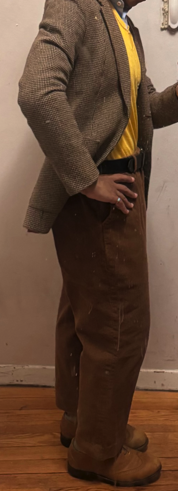 My outfit: tweed jacket yellow sweater vest brown corduroy buff oxfords and black leather belt. 