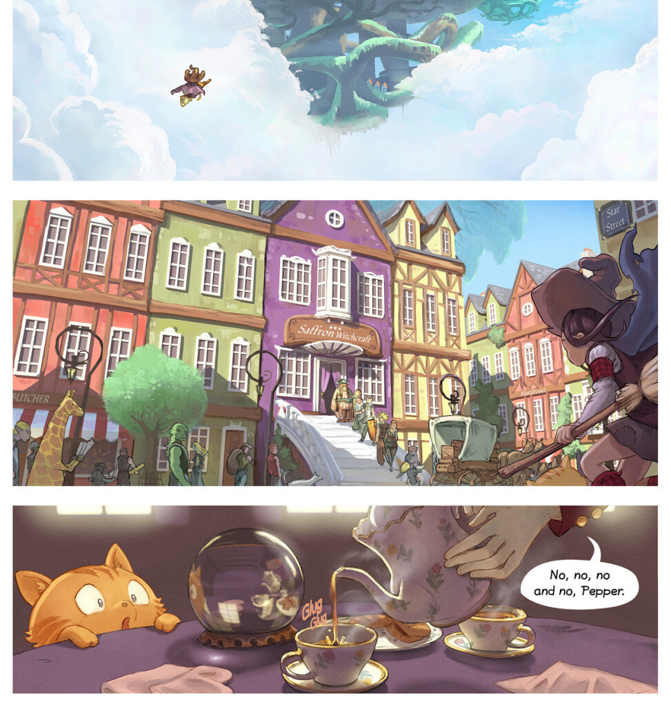1. a comic page of Pepper&Carrot. Episode 16. A line in front of Saffron witchcraft in the street of Komona. Cameos are in the line. 