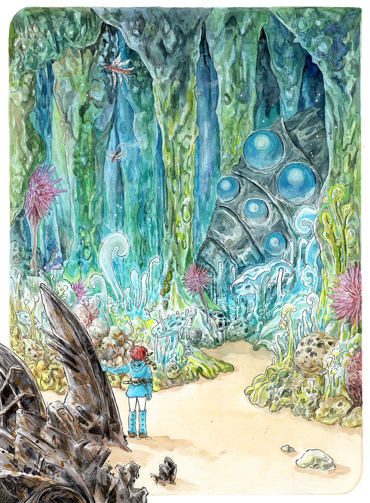 A painting of Nausicaa looking into the poinsoned forest.