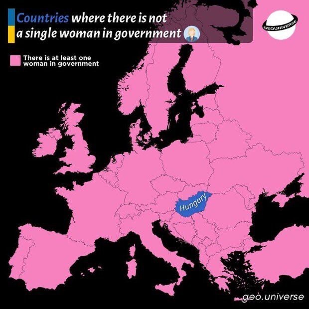 Map of Europe and a little bit of Asia, all lands colored pink but Hungary is blue. 
The legend say: "pink = there is at least one woman in government; blue = countries where there is not a single woman in government"