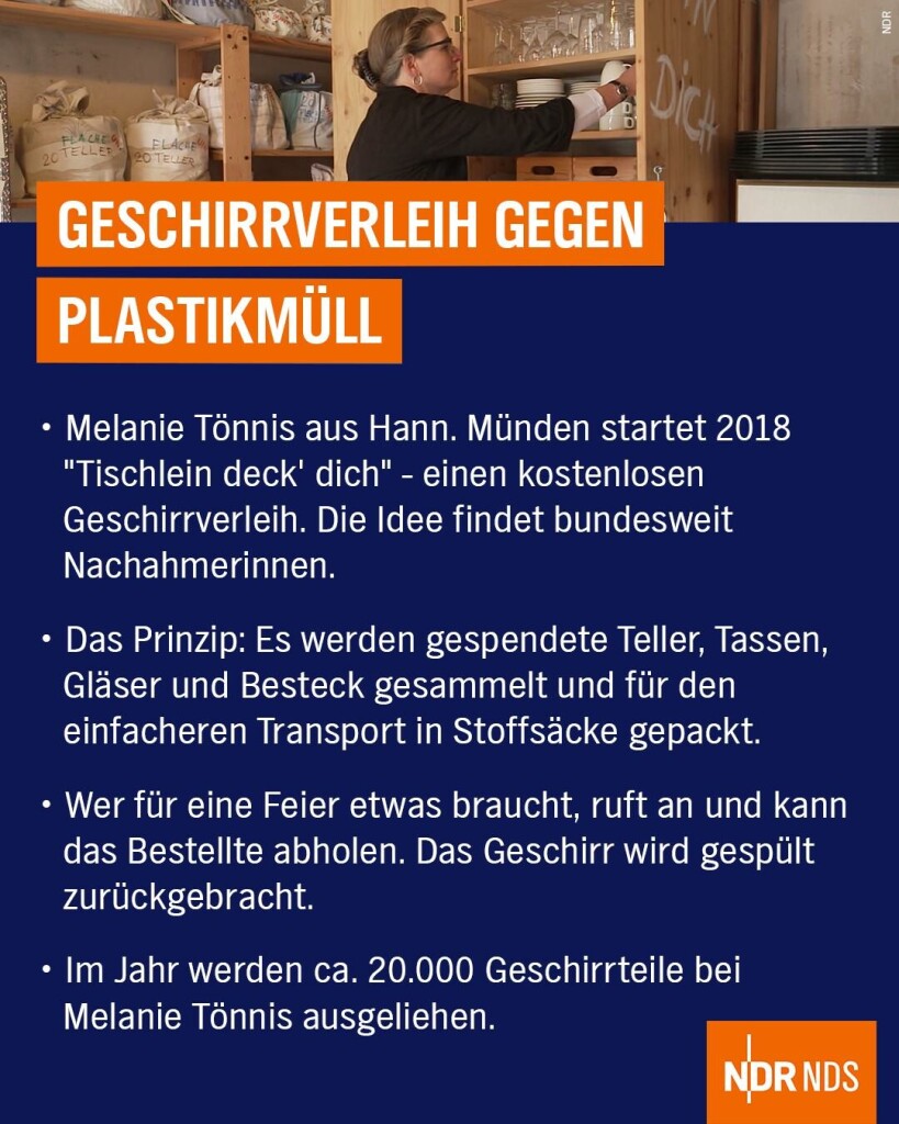 

Melanie Tönnis aus Hannover, Minden startet 2018 "Tischlein deck' dich" - einen kostenlosen Geschirrverleih. Die Idee findet bundesweit Nachahmerinnen.

Das Prinzip: Es werden gespendete Teller, Tassen, Glaser und Besteck gesammelt und für den einfacheren Transport in Stoffsäcke gepackt.

Wer für eine Feier etwas braucht, ruft an und kann das Bestellte abholen. Das Geschirr wird gespült zurückgebracht.

Im Jahr werden ca. 20.000 Geschirrteile bei Melanie Tönnis ausgeliehen.
