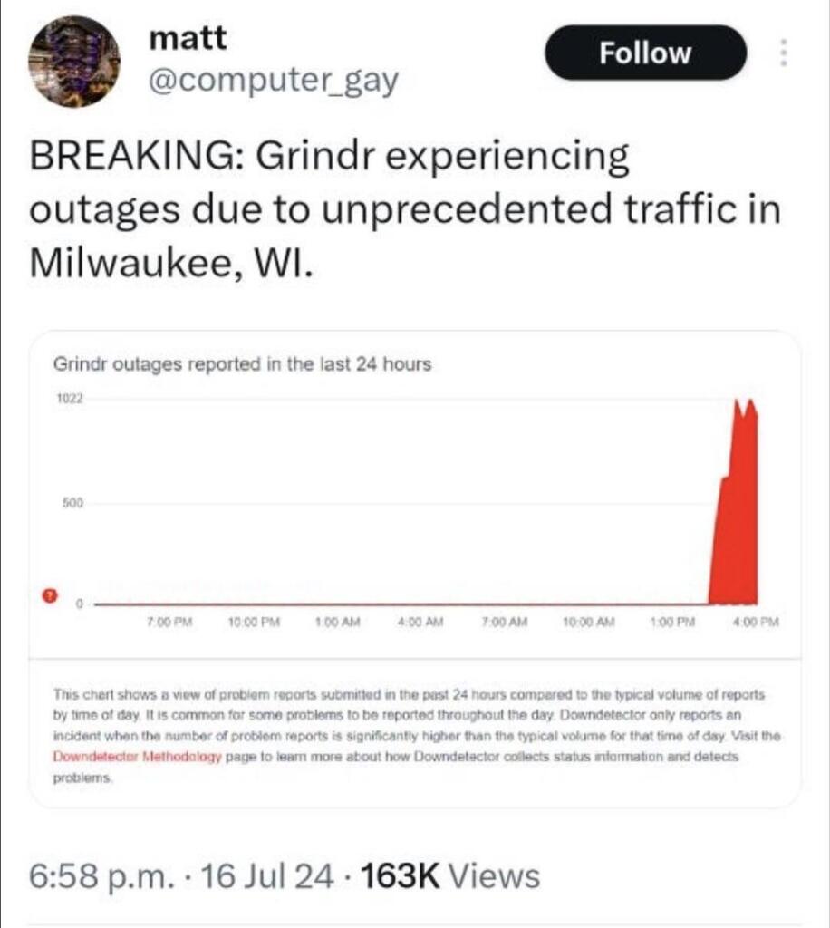 Tweet with graph:

"Breaking: Grindr experiencing outages due to unprecedented traffic in Milwaukee, WI." 