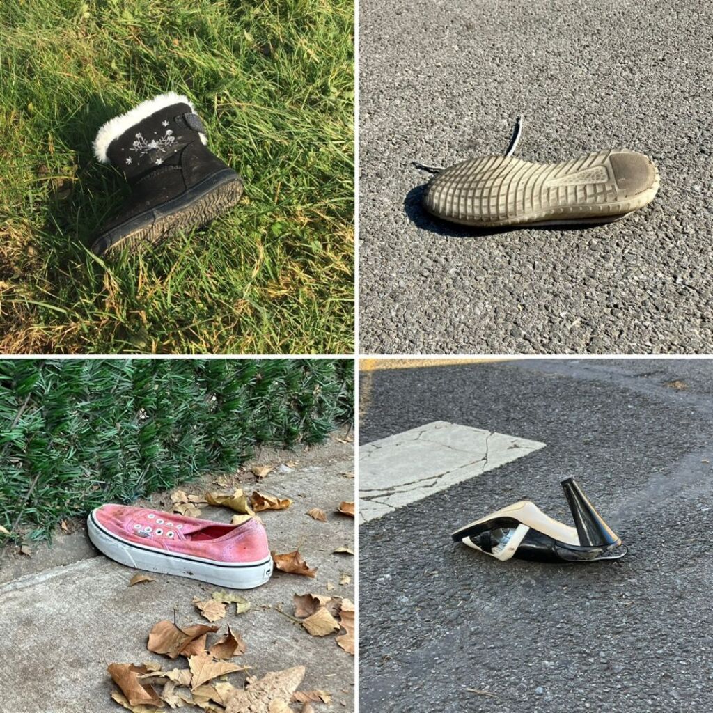 A quadriptych of photographs of single shoes discarded in New York City public spaces. It features a winter boot on grass, an overturned sneaker on concrete, a teenage-sized pink Converse on a sidewalk and a high-heeled sandal on a pedestrian crossing.