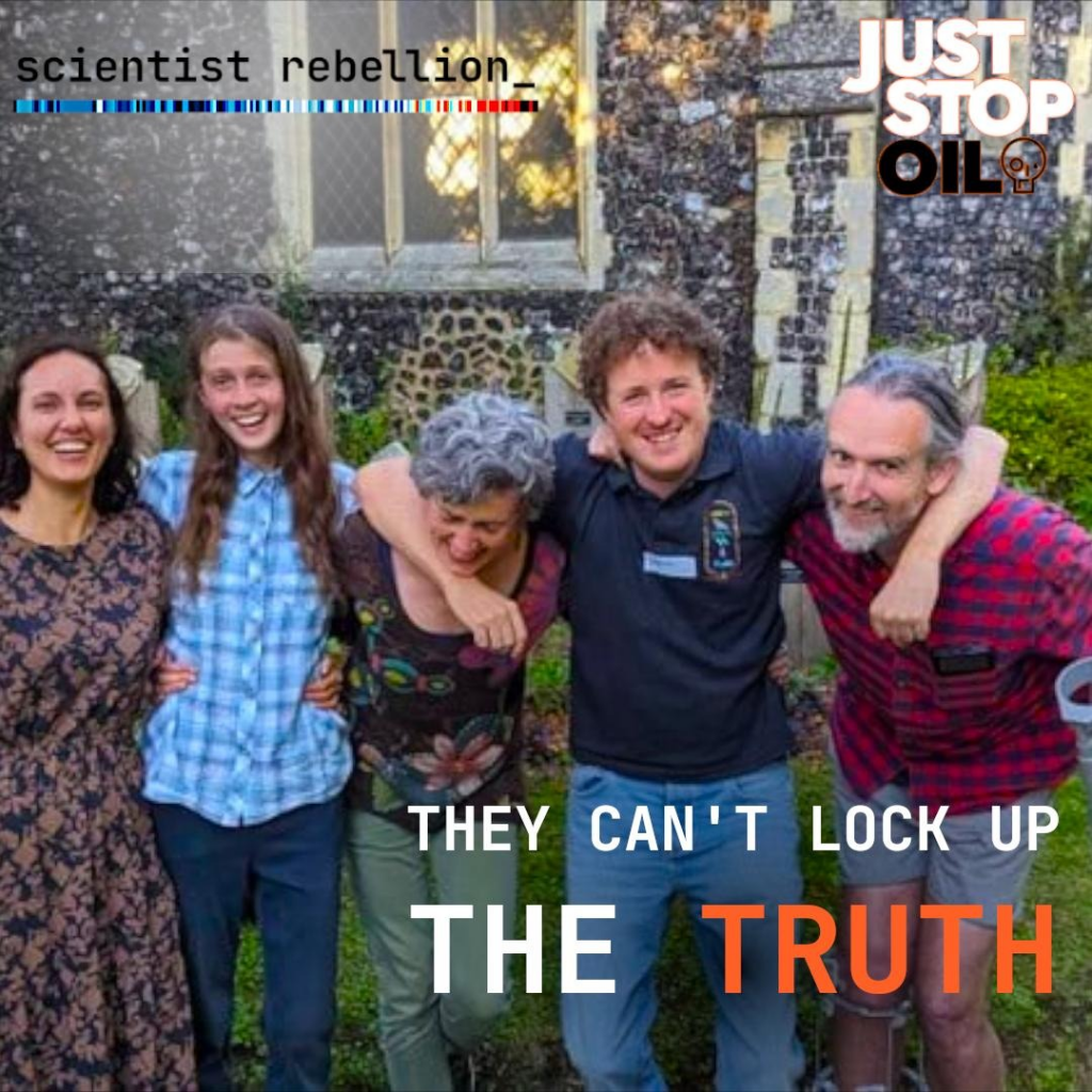 Photo of the 5 Just Stop Oil activists facing prison for their protests and text that reads "They can't lock up the truth"