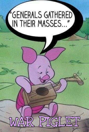 Image: Piglet playing a crude square guitar singling, "Generals gathered in their masses..." Caption: War Piglet