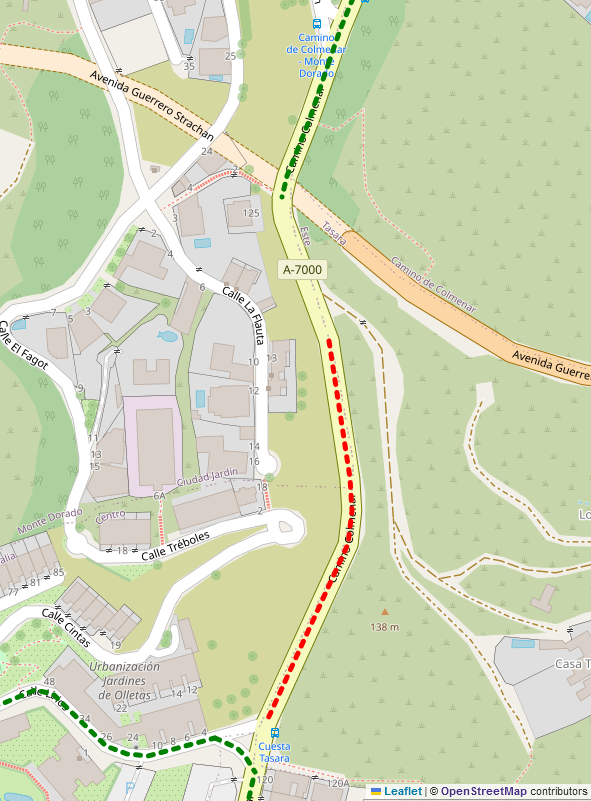 Screenshot from OpenStreetMap highlighting the section of road mentioned in the post with a dotted red line.