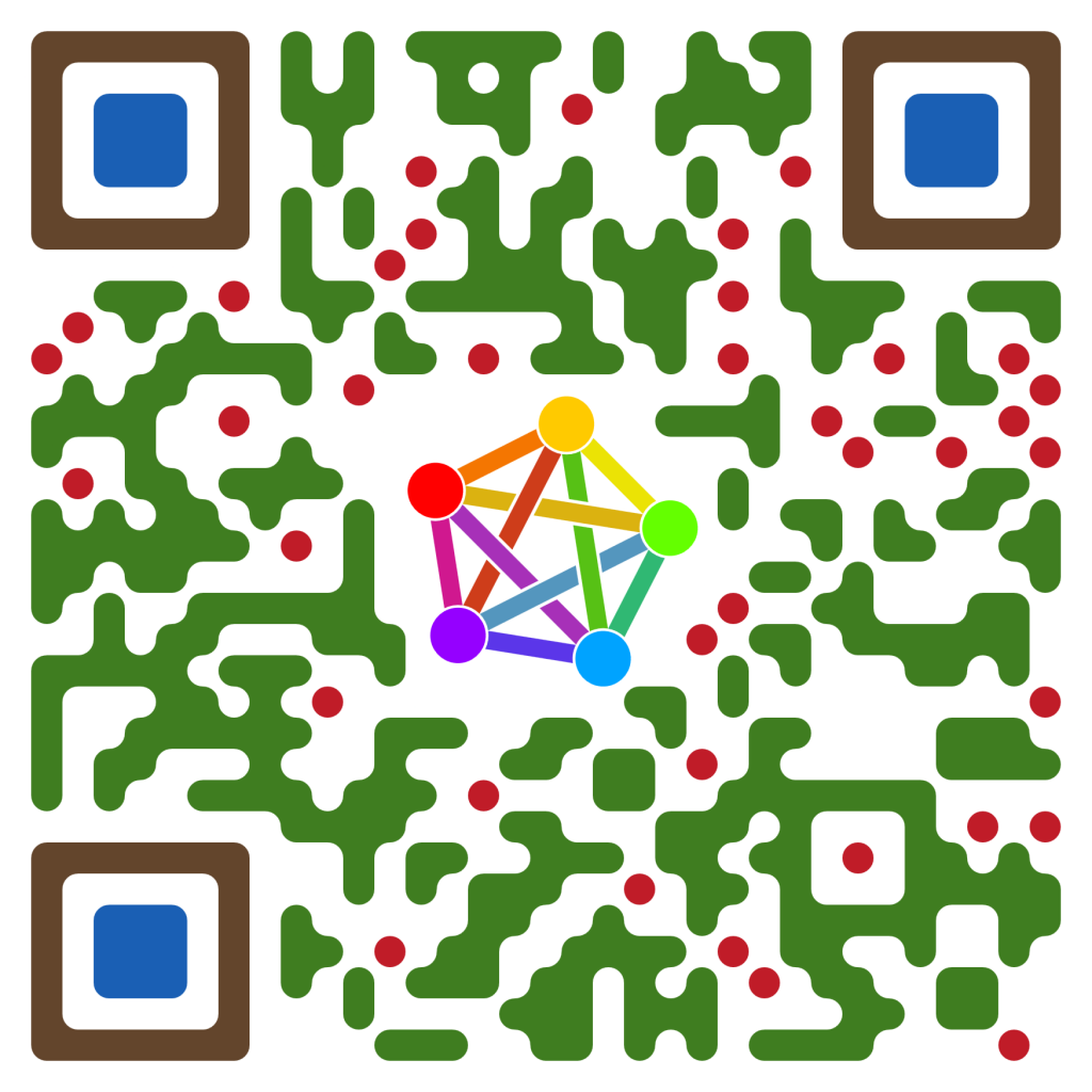 QR code with the colorful pentagram-ish Fediverse logo in the middle. The code itself consists of green shapes and red dots, the corner elements are blue and brown. All corners are rounded.