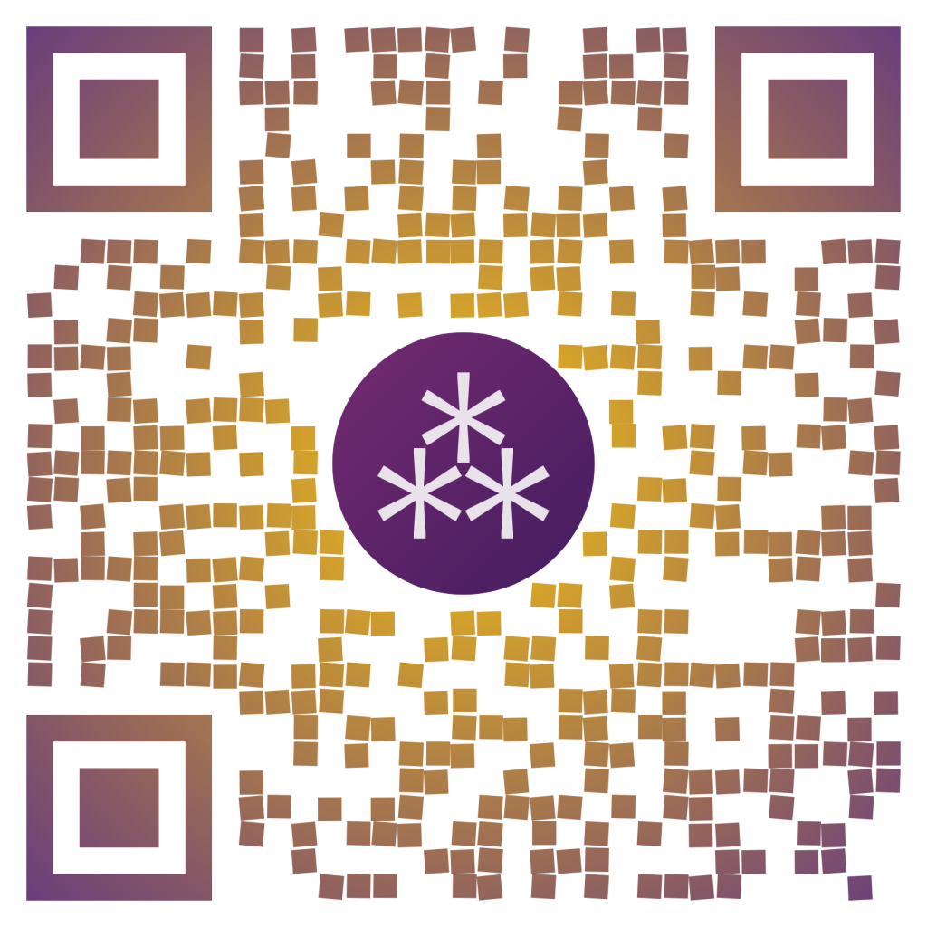 A QR code with the asterism fediverse symbol on a purple gradient circle in the middle. The data blocks are colored in a purple-yellow radial gradient, looking warm and vaguely sunset-like. The data blocks consist of individual mosaic-like tiles instead of contiguous shapes.