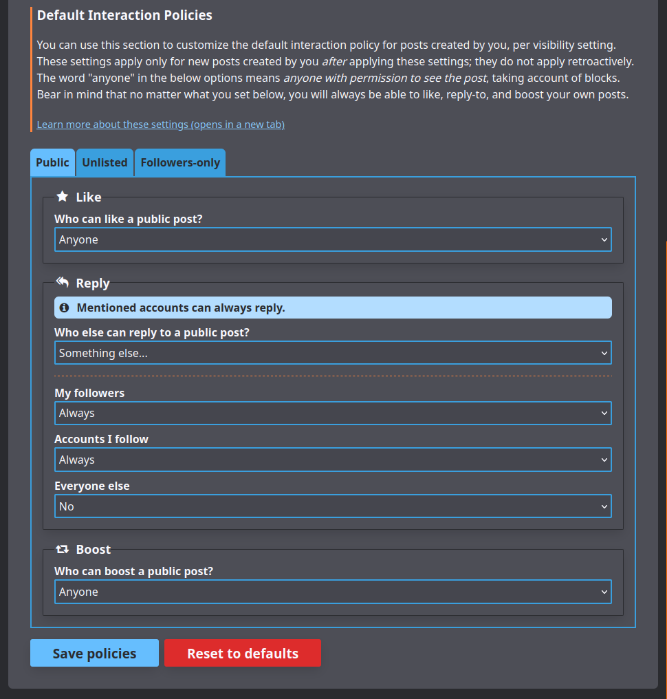 GoToSocial settings panel showing a tab-panel menu where different interaction types can be permitted or denied per visibility level.