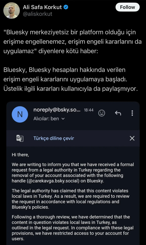 Bluesky team's official response to resion-restricting specicifc accounts due to demands of Turkish government.