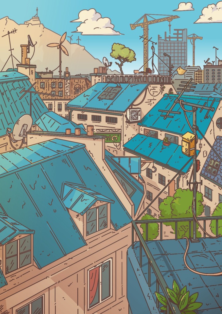 Urban neighborhood with blue roofs and a European architecture, covered by antennas and solar panels. In the background, wind turbines, construction cranes, and mountains are visible.