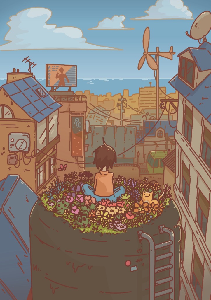 Susie sits cross-legged on a rooftop garden full of vibrant flowers, with a small cat beside her. The city stretches out in the background under a bright blue sky, with solar panels, wires and wind turbines visible on nearby buildings.