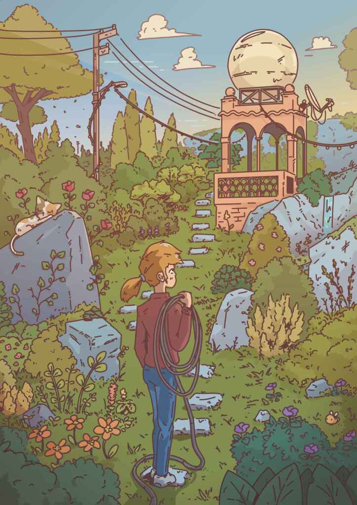 A young woman is holding wires in a wild and vast garden. She's looking towards what looks like a temple, covered with wires, an antenna and a giant sphere. On a rock, a cat is peacefully sleeping.