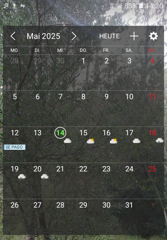 Pantallazo del celular del calendario del mes con previsión del tiempo por 7 días.