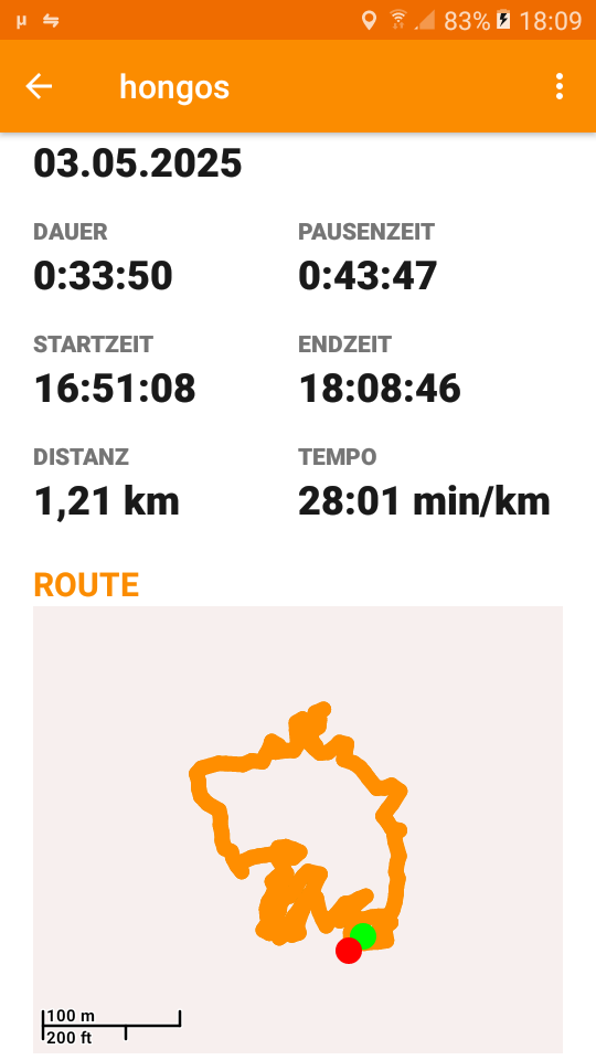 Android screenshot of the fito track APP with some basic data and the path that was walked to check the state of the mushroom season on the northern pine woods side.