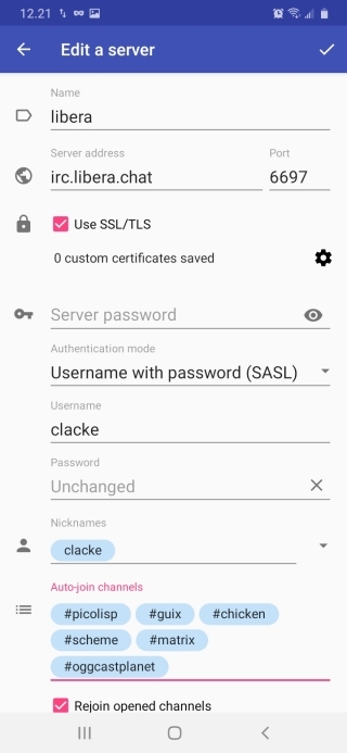 Screenshot of Android IRC client Revolution IRC, configured for user clacke to authenticate to irc.libera.chat and auto-join #picolisp #guix #chicken #scheme #oggcastplanet