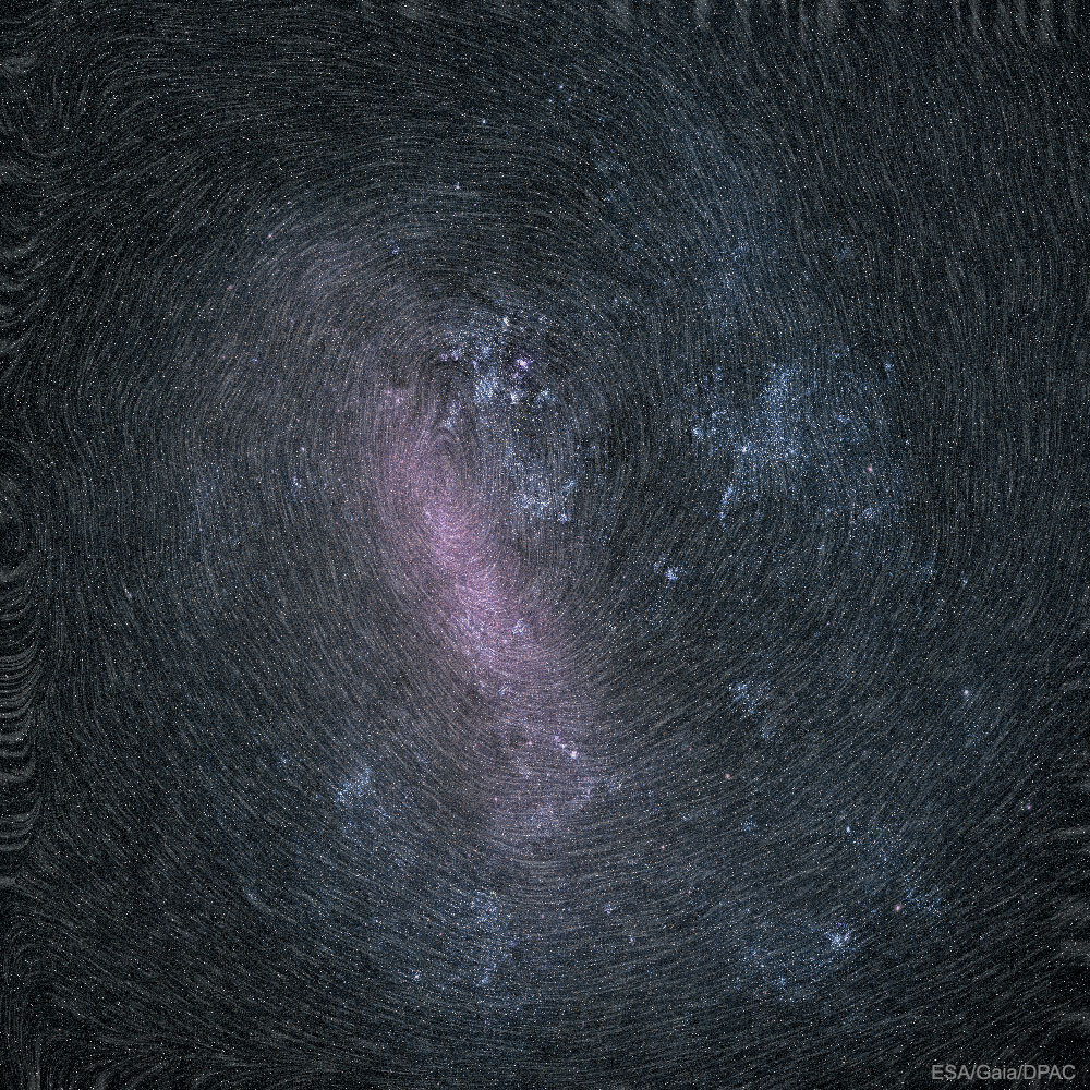 2018 May 16

Rotation of the Large Magellanic Cloud
 * Image Credit & Licence: ESA, Gaia, DPAC

Explanation: 
This image is not blurry. It shows in clear detail that the largest satellite galaxy to our Milky Way, the Large Cloud of Magellan (LMC), rotates. First determined with Hubble, the rotation of the LMC is presented here with fine data from the Sun-orbiting Gaia satellite. Gaia measures the positions of stars so accurately that subsequent measurements can reveal slight proper motions of stars not previously detectable. The featured image shows, effectively, exaggerated star trails for millions of faint LMC stars. Inspection of the image also shows the center of the clockwise rotation: near the top of the LMC's central bar. The LMC, prominent in southern skies, is a small spiral galaxy that has been distorted by encounters with the greater Milky Way Galaxy and the lesser Small Magellanic Cloud (SMC). 

Authors & editors: Robert Nemiroff (MTU) & Jerry Bonnell (UMCP)
NASA Official: Phillip Newman Specific rights apply.
NASA Web Privacy Policy and Important Notices
A service of: ASD at NASA / GSFC
& Michigan Tech. U.