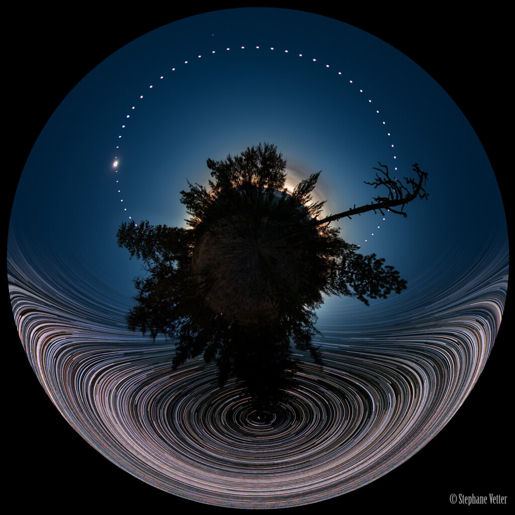 2017 August 30

Panoramic Eclipse Composite with Star Trails
  Image Credit & Copyright: Stephane Vetter (Nuits sacrees, TWAN)

Explanation: 
What was happening in the sky during last week's total solar eclipse? This featured little-planet, all-sky, double time-lapse, digitally-fused composite captured celestial action during both night and day from a single location. In this 360x180 panorama, north and south are at the image bottom and top, while east and west are at the left and right edges, respectively. During four hours the night before the eclipse, star trails were captured circling the north celestial pole (bottom) as the Earth spun. During the day of the total eclipse, the Sun was captured every fifteen minutes from sunrise to sunset (top), sometimes in partial eclipse. All of these images were then digitally merged onto a single image taken exactly during the total solar eclipse. Then, the Sun's bright corona could be seen flaring around the dark new Moon (upper left), while Venus simultaneously became easily visible (top). The tree in the middle, below the camera, is a Douglas fir. The images were taken with care and planning at Magone Lake in Oregon, USA. 

Authors & editors: Robert Nemiroff (MTU) & Jerry Bonnell (UMCP)
NASA Official: Phillip Newman Specific rights apply.
NASA Web Privacy Policy and Important Notices
A service of: ASD at NASA / GSFC
& Michigan Tech. U.