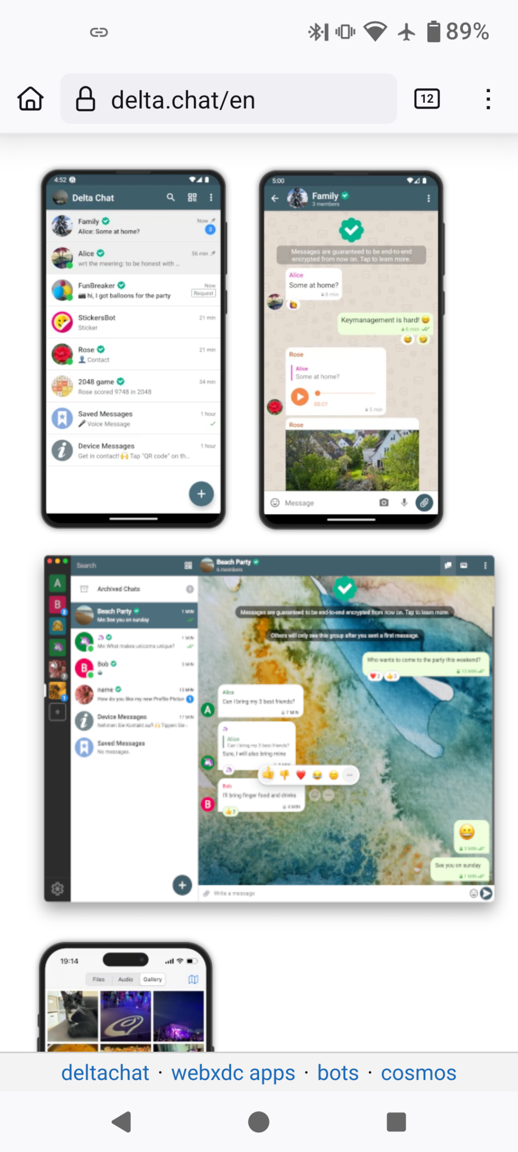 Screenshot of the android, iOS and desktop apps taken from https://delta.chat 