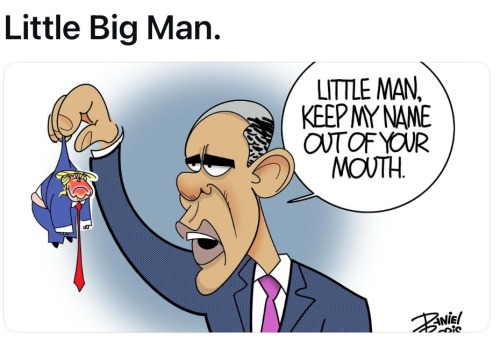 The image is a cartoon featuring two characters. The larger character, depicted with a serious expression, is holding a smaller character by the collar. The larger character is wearing a dark blue suit with a white shirt and a pink tie. The smaller character, depicted with a comical expression, is wearing a blue suit with a red tie. The larger character is speaking, with the text in a speech bubble that reads, "LITTLE MAN, KEEP MY NAME OUT OF YOUR MOUTH." The title of the cartoon is "Little Big Man," written at the top of the image. The background is a simple gradient, transitioning from light to dark blue. The artist's signature, "Daniel Gros," is visible in the bottom right corner.