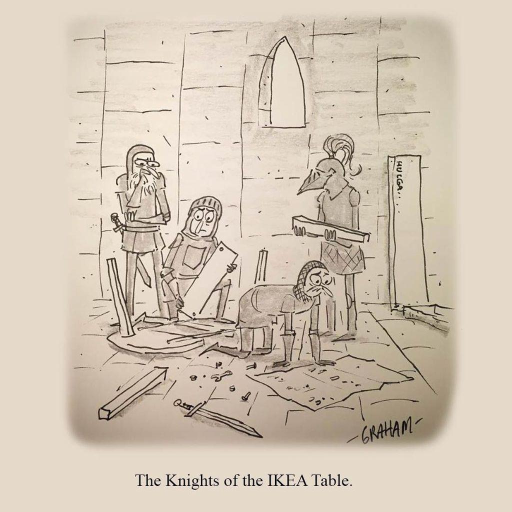 A cartoon illustration of some knights looking discouraged as they try to assemble an IKEA table. Caption reads "The Knights of the IKEA Table."