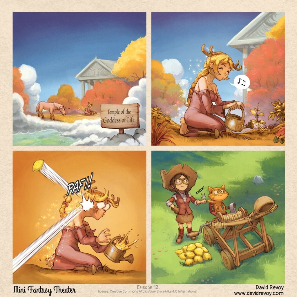 A comic comic in four panels:

Panel 1: A landscape view of a temple floating above the clouds. The landscape is colored with golden and purple hues, which are unusual for the land of mortals. In the foreground, a sign reads, "Temple of the Goddess of Life."

Panel 2: The Goddess of Life kneels in her garden, watering it while whistling. She is happy and enjoying her peaceful daily routine.

Panel 3: Suddenly, the Goddess of Life is violently punched in the face by a flying lemon coming from below the clouds.

Panel 4: A top-down view of a catapult with lemons. Pepper, a young witch, and her cat, Carrot, are in command. They bump fists in a "Check!" sound while watching the sky with fierce eyes.