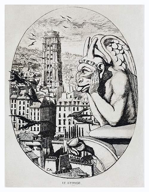 Eine anthropomorphe Schimäre mit Hörnern und ziegenähnlichen Zügen lehnt über die Westbrüstung der Kathedrale Notre-Dame, blickt auf das Pariser Stadtbild und streckt Krähen, die vorbeifliegen, die Zunge heraus. 


Die Bildunterschrift lautet im französischen Original: Le stryge.