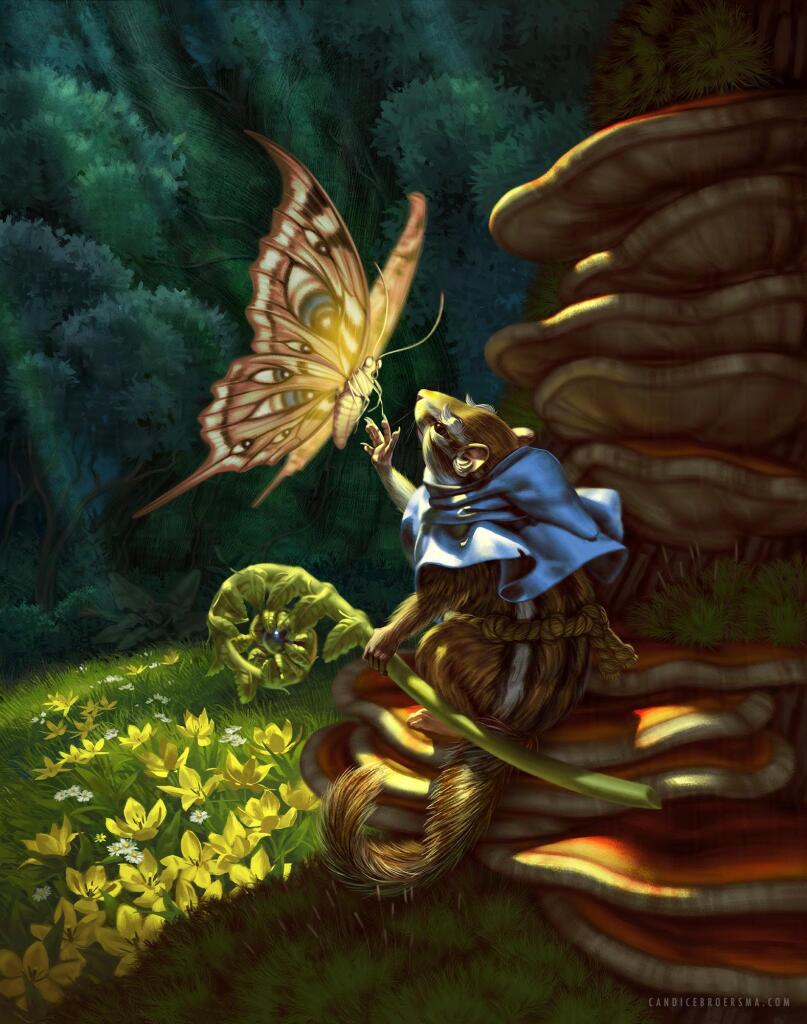 Fantasy illustration of a chipmunk holding a fern staff and reaching out to a glowing butterfly on a mushroom-laden forest edge overlooking a meadow of wildflowers and shrubbery. 