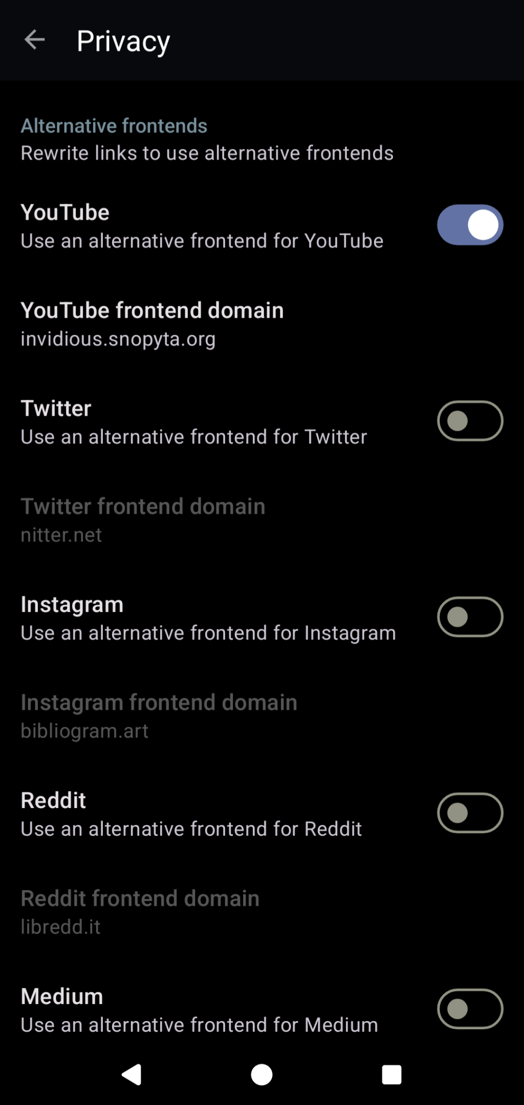 Screenshot showing the Privacy section of settings. Here, just alternative YouTube front end is enabled