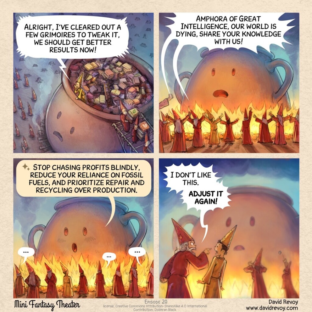 A comic strip in four panels:

Panel 1. A bird's-eye view of the top of the Amphora of Great Intelligence, a wizard in yellow colors is on the stack of books from the content of the amphora. He yell at a crowd of wizard at the bottom of the Amphora, a crowd of red wizard. Some other wizard in red evacuate some grimoires, their arms are full of books. On the top, you can see an onion (for The Onion) and a cover that looks like the Reddit mascot:  
> Wizard in yellow: Alright, I've cleared out a few grimoires to tweak it, we should get better results now!

Panel 2. A view of the wizards at the foot of the Amphora, the fire is intense, they all raise their arms in incantation:  
> Crowd of wizards: Amphora of Great Intelligence, our world is dying, share your knowledge with us!

Panel 3. The Amphora of Intelligence starts speaking, this time very seriously. The mages are still speechless.  
> Amphora: Stop chasing profits blindly, reduce your reliance on fossil fuels, and prioritize repair and recycling over production.  
> Crowd of wizards: ... ... ...

Panel 4. A discontented red wizard yells at the wizard in yellow who tweaked the content of the Amphora in panel one. This one feels surprised:  
>Wizard in red: I don't like this. Let's adjust it again.