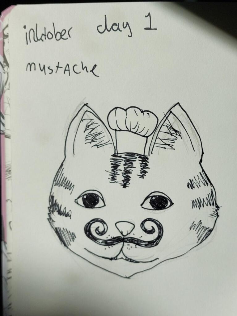 Cat face with tiny chef hat and French moustache looking contented.