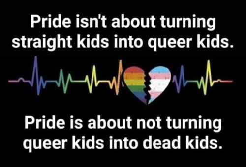The image is a dark, rectangular graphic with white text over a black background. The text reads, "Pride isn't about turning straight kids into queer kids." Below this is a stylized line resembling a heart rate monitor, composed of jagged white lines. In the middle of this line are two heart-shaped images—one solid red and the other broken, displaying the colors of the transgender pride flag. Beneath the heart rate line, the text reads, "Pride is about not turning queer kids into dead kids."