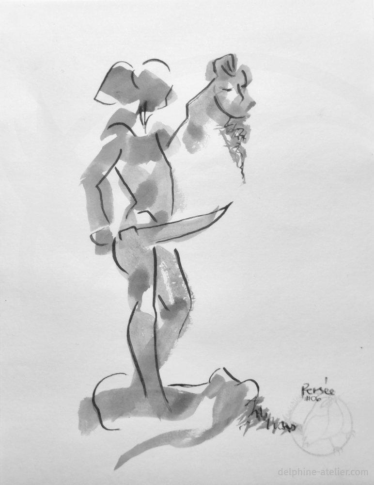 Croquis à l'encre d'une silhouette d'une homme tenant une tête coupée et marchant sur un corps de femme