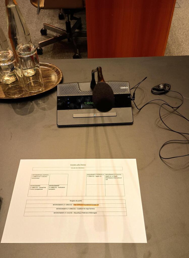 Table with the agenda of the day and a microphone