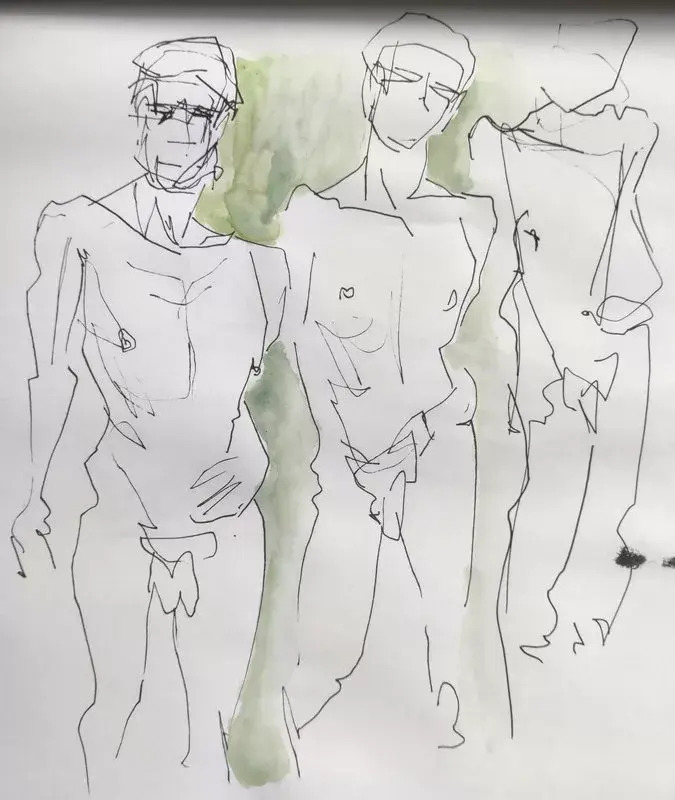 Trois croquis au feutre fin, de moins en moins détaillés (mais bon, déjà, le premier, c'est un croquis rapide alors !) de la même pose : un homme debout, de face.