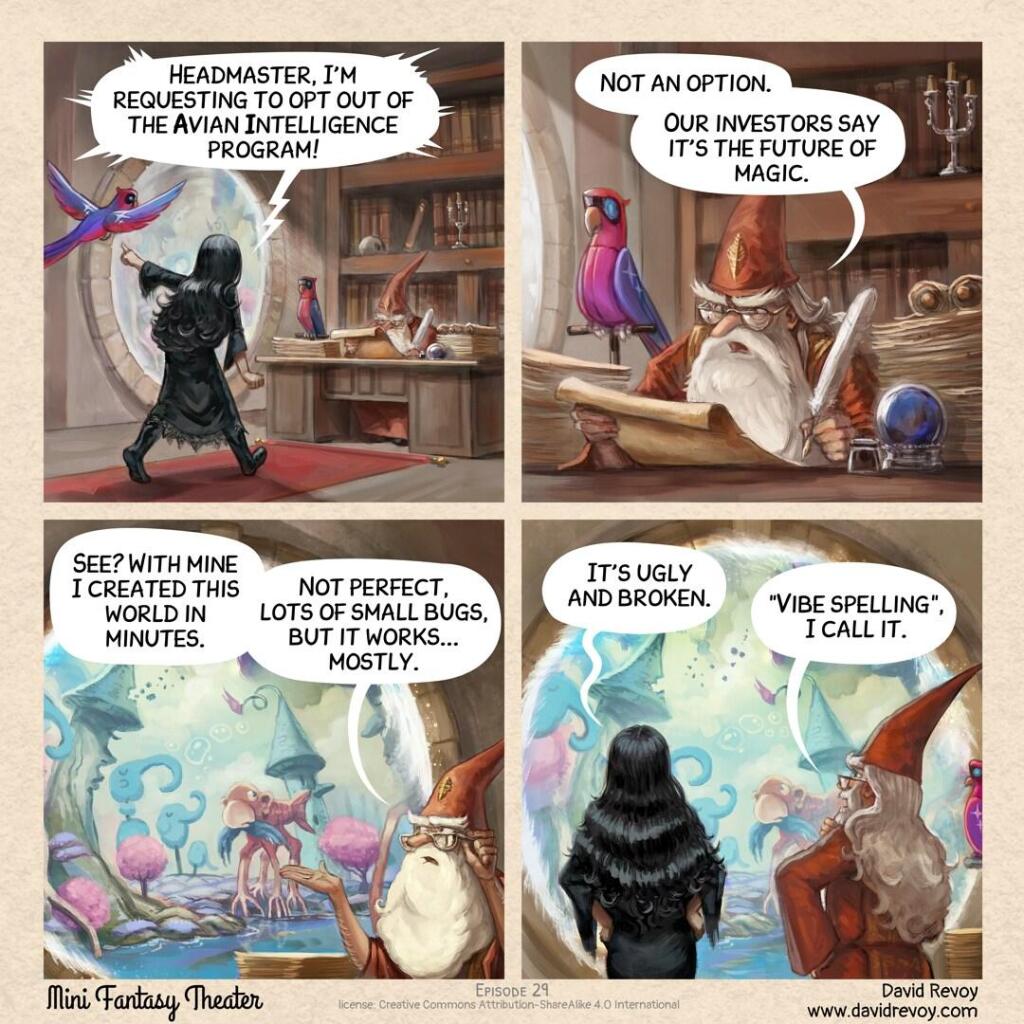 Panel 1. Shot on the University of Magic Headmaster's office, filled with ancient tomes and a carpet leading to the desk. A young gothic sorceress and her robotic cyber-parrot, the Avian Intelligence bird, enter. The boss, with his own AI parrot, gestures at it.
> Gothic Sorceress: "Headmaster, I'm requesting to opt out of the Avian Intelligence program!"

Panel 2. Shot on the desk of the Headmaster, an old wizard and his AI parrot, perched. He is deeply busy and his attention is fully absorbed on his paperwork, probably signing administrative stuff, giving a minimal attention to her.  
> Headmaster: "Not an option. Our investors say it's the future of magic." 

Panel 3. The Headmaster gestures grandly at a portal nearby him, while adjusting his glasses. The circular view into another dimension reveals a distorted, broken wonderland. Twisted trees shaped like cartoon elephant, towers with faces, and weird creatures. The atmosphere is both fascinating and deeply unsettling.  
> Headmaster: "See? With mine I created this world in minutes. Not perfect, lots of small bugs, but it works... mostly."

Panel 4: The young gothic student and the Headmaster stand before the dimension. She is skeptical with her hands on her hips, while the Headmaster seems tries to justify himself while thinking about it, the hand twisting a bit of beard on his chin.  
> Gothic Sorceress: "It's ugly and broken."  
> Headmaster: ""Vibe spelling", I call it.". 