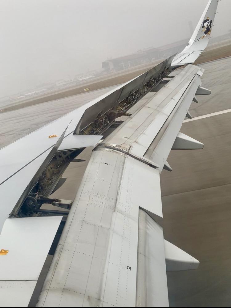 Flügel eines Flugzeugs bei der Landung mit offenen Luftbremsen, was viele Maschinen freilegt. Von der Kabine aus betrachtet.