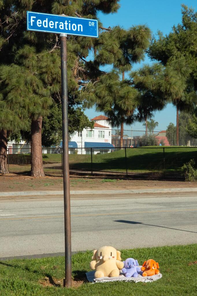 Photo of the Creature, Strawberry, and Blueberry Mastodon stuffed toys sitting outdoors by the sign for Federation Drive during a bright, sunny afternoon. From image-left to image-right, the Creature, Blueberry, and Strawberry are sitting on a folded beach towel that's been placed over some grass in the foreground. Next to them, to the right of the Creature, is a tall pole, atop which is the nameplate for Federation Drive. In the midground is Federation Drive, empty of any cars, and further in the background is a golf course, pine trees, and some distant buildings.