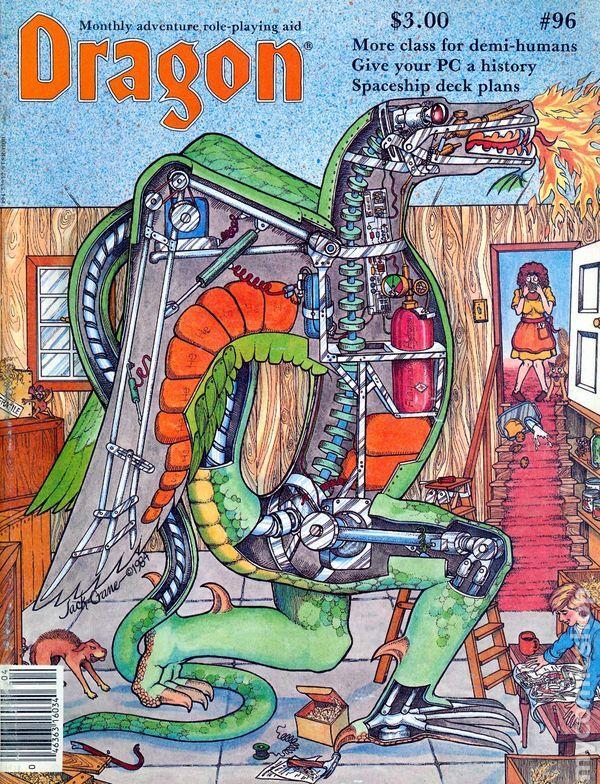 A side view of a mechanical dragon with fire coming out of its mouth. Mom is standing at the top of the stairs looking horrified and has dropped the groceries. A child near the dragon is studying the design, and a toolbox is near the dragon 's feet. A cat hisses behind it.