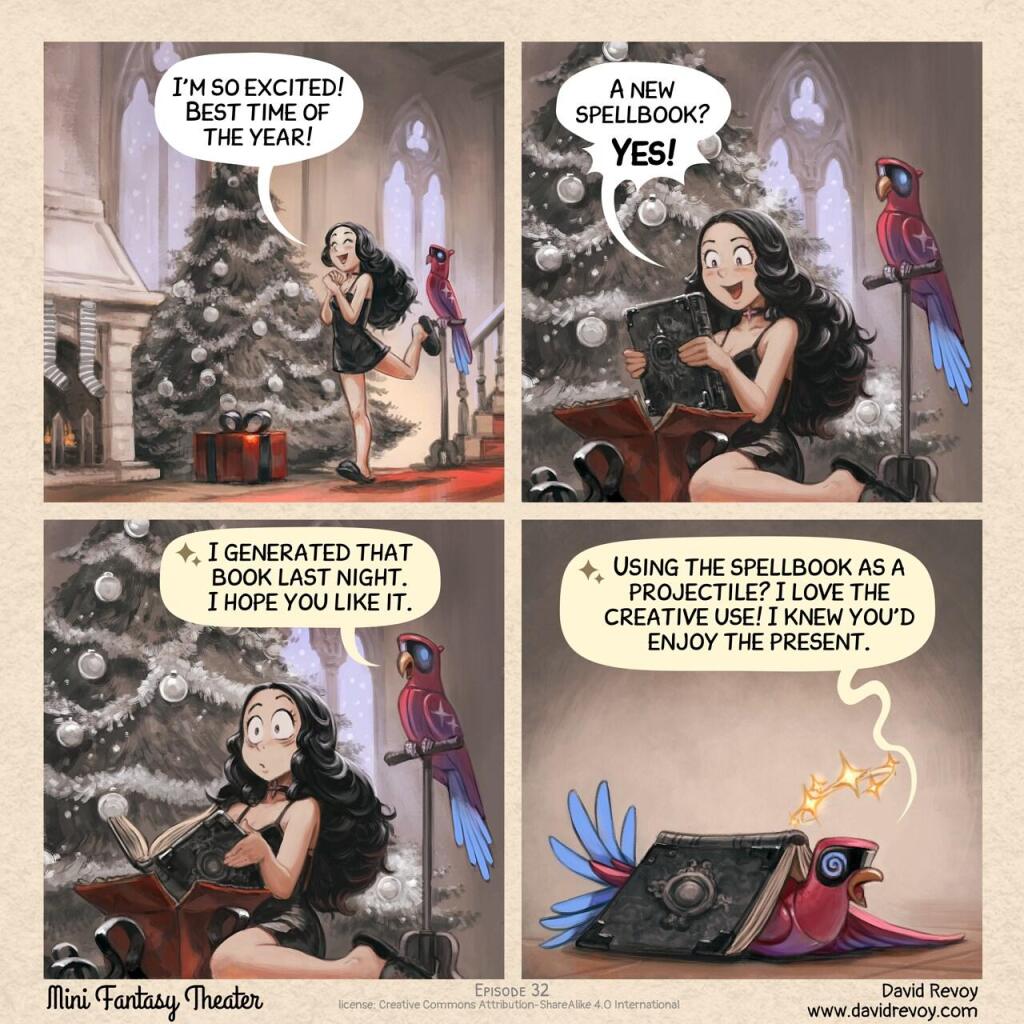 A comic in four panel:

Panel 1. The scene opens on a cozy winter morning, in the corner of a room with a chimney and a festively decorated tree, in black, because made by the Gothic Sorceress. The Gothic Sorceress, in her black nightie looks excited and a bit mischievous.
> Gothic Sorceress: "I'm so excited, best time of the year!"

Panel 2. The sorceress examines the contents of a gift she unwrapped with delight: a new spellbook.
> Gothic Sorceress: "A new spellbook? Yes!"

Panel 3. On the perch nearby the tree, her AI Parrot says something as the sorceress begins to flip through the pages. A cold shiver runs down the Gothic Sorceress's spine as she realizes.
> AI Parrot: "I generated that book last night. I hope you like it."

Panel 4. The cyber parrot is seen lying on the tiled floor, with a heavy book on his head. He looks enthusiastic.
> AI Parrot: "Using the spellbook as a projectile? I love the creative use! I knew you'd enjoy the present."