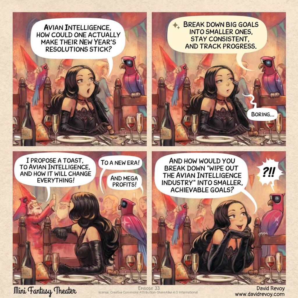 A comic in four panels:

Panel 1: The Gothic Sorceress sits at a table, surrounded by a party hat, wine and champagne glasses, the aftermath of a long dinner with the plates, and the silhouettes of a crowd behind her during the new year eve party at the magic school. She looks bored and disconnected from the celebration. She ask out of curiosity her AI Parrot, perched on the back of the empty chair beside her.  
> Gothic Sorceress: "Avian Intelligence, how could one actually make their New Year's resolutions stick?"

Panel 2: The AI Parrot responds. She listens looking at the Parrot even more bored.
> AI Parrot: "Break down big goals into smaller ones, stay consistent, and track progress."  
> Gothic Sorceress: "Boring..."

Panel 3: The Gothic Sorceress turn back to the crowd behind her: the Headmaster rise his glass for a toast with his own AI Parrot perched on his shoulder. The AI Parrot also look at the scene.
> Headmaster: I propose a toast, to Avian Intelligence, and how it will change everything!  
> Guest: To a new era!  
> Guest: And mega profits!

Panel 4: The Gothic Sorceress's behavior shifts, her body language becoming flirtatious toward her AI Parrot, for asking a question. The AI Parrot, however, recoils slightly, its digital body language conveying surprise and a hint of alarm as it grasps the implications of her query.  
> Gothic Sorceress: "And how would you break down 'wipe out the Avian Intelligence industry' into smaller goals?"  
> AI Parrot: "?!!"