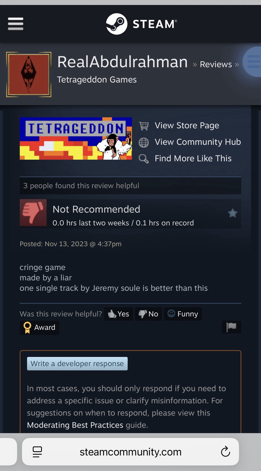 another screenshot of an abusive review