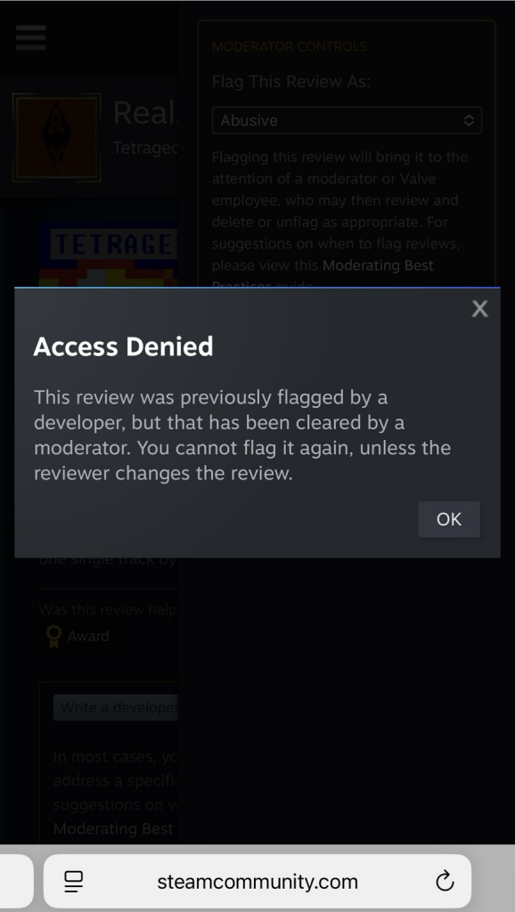 another screenshot of the review being cleared 