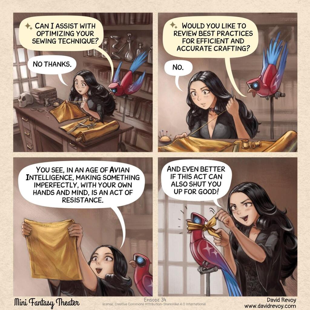 ( edit reason: grammar mistake, shuts → shut ) 

A comic in four panels:

Panel 1. Top view on the Gothic Sorceress room, she sits at her desk, sewing a square piece of fabric with focus. From the top of his perch, her AI Parrot bird watches with curiosity, intrigued by the focused effort required for the task.  
> AI Parrot: "Can I assist with optimizing your sewing technique?"  
> Gothic Sorceress: "No thanks."

Panel 2. Zooming in, the AI Parrot continue to suggest while the Gothic Sorceress still sewings with attention.  
> AI Parrot: "Would you like to review best practices for efficient and accurate crafting?"  
> Gothic Sorceress: "No."

Panel 3. The Gothic Sorceress contemplates her work, holding the small piece of fabric up to the light to inspect it. She looks happy, proud, and relieved after the effort of creating a simple square piece of thin fabric. The AI Parrot listens, processing the lesson.  
> Gothic Sorceress: "You see, in an age of Avian Intelligence, making something imperfectly, with your own hands and mind, is an act of resistance."

Panel 4. The Gothic Sorceress stands behind the AI Parrot, who now has a gag made from the square fabric. The AI Parrot looks surprised, unable to speak. The Gothic Sorceress appears proud of her handiwork.  
> Gothic Sorceress: "And even better if this act can also shut you up for good!"