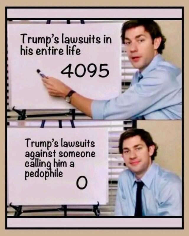 Panel 1:
Man pointing at whiteboard.
Text on whiteboard: Trump's lawsuits in his entire life: 4095

Panel 2:
Man looking directly at you.
Text on whiteboard: Trump's lawsuits against someone calling him a pedophile: 0
