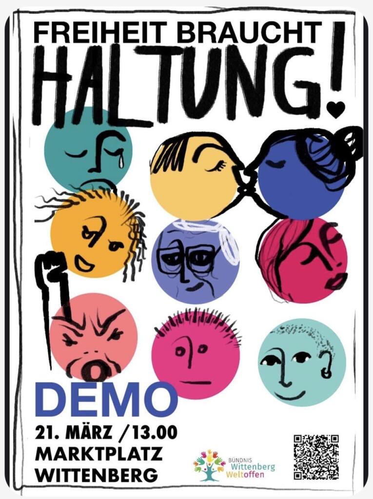 Banner zur Veranstaltung: „Freiheit braucht Haltung! Demo. 21. März, 13:00, Marktplatz Wittenberg.“ sowie das Logo des Bündnisses „Wittenberg Weltoffen“