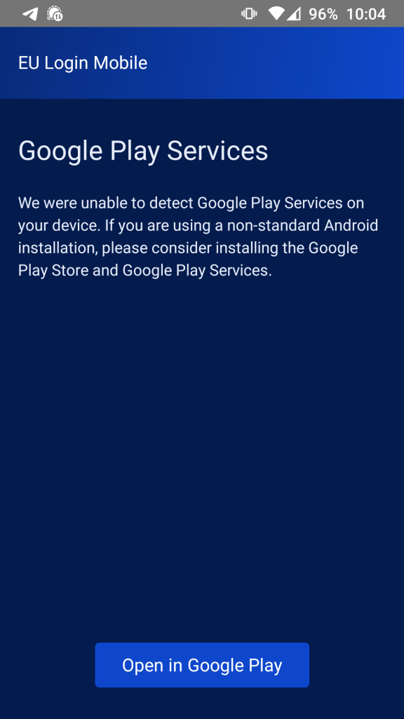 Screenshot showing need og Google Play Services to install EU Login Mobile App