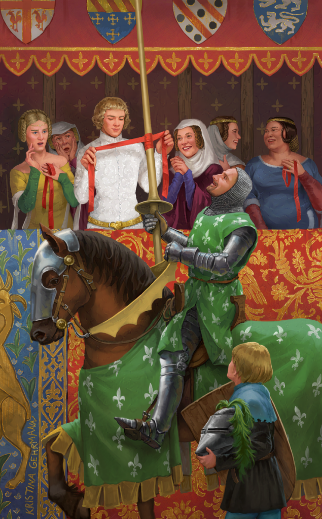 Scene at a tournament in the 1300s: A knight in full armor on his horse (only without the helmet, which a page is carrying) rides up to a richly decorated stand of spectators. Subverting the expectation that he'd ask for a "lady's favor", he instead receives said favor from another, younger man who is tying a ribbon around the knight's jousting lance. Ladies look on surprised/shocked/delighted.